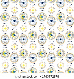 Pattern with blue eyes pattern and various symbols. Vector illustration isolated on white background. For printing on clothing, wrapping paper, fabrics, brochures and covers, flyers and various decor.