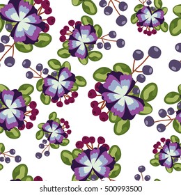 pattern with blue flowers, berries and leaves on white background. can be used like patter for wrapping paper or textile, for greeting cards or birthday invitations