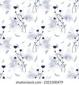 Pattern with blue flowers and feathers for backgrounds, covers, wallpapers, tablecloths, business cards, emblems, rugs