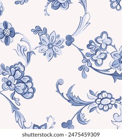 A pattern of blue flowers and vines on a white background, resembling a classic floral design.