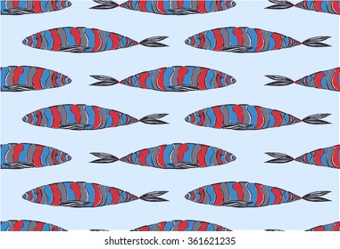 Pattern with blue hand drawing fishes