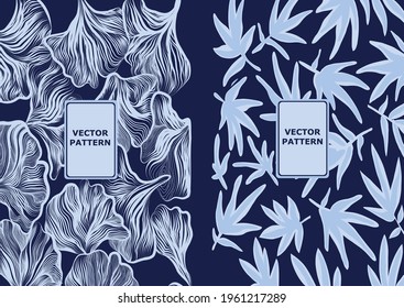 pattern with blue leaves and flowers on a dark blue background