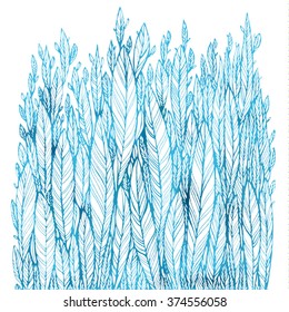 pattern of blue leaves, grass, feathers, watercolor ink drawing