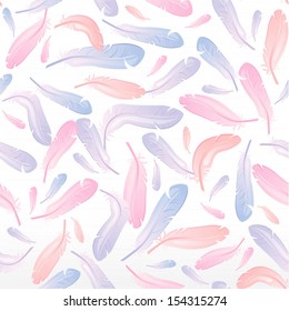 Pattern with blue, lilac and pink feathers, trimmed at the edges