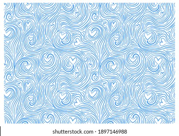 Pattern of blue lines waves with hearts.