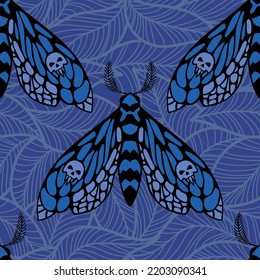 Pattern with blue night butterflies. Pattern with leaves and butterfly dead head.