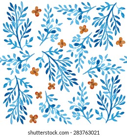 pattern of blue and orange flowers branches. watercolors trace result. white background