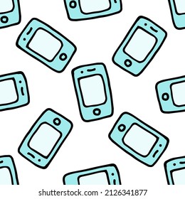 a pattern from the blue phone icon. seamless pattern of a mobile phone in the style of hand-drawn doodles of blue color with a black outline on a chaotic white for a design template