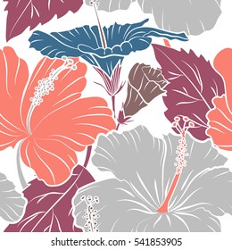 Pattern in blue and pink colors with tropic summertime motif may be used as texture, wrapping paper, textile design. Vector seamless pattern of tropical hibiscus flowers, dense jungle. Hand painted.