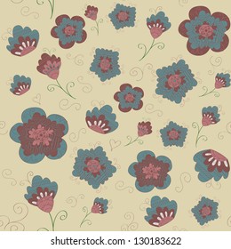 Pattern blue and pink flowers on a beige background