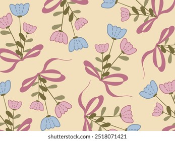 Pattern of blue and pink flowers with ribbon on beige background. Spring wallpaper. Vector illustration
