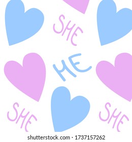 
Patrón con los corazones azul y rosa y con las letras HE ELLA. Partido Revelación de Género.