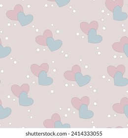 Pattern of blue and pink hearts. Love. Holiday. Abstract print. Colourful. Beige background. Wrapping paper. Gift. Card. Fabric. Valentine's Day. Kids linen.