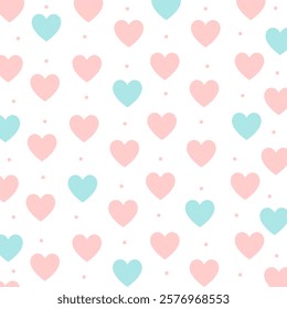 Pattern with blue and pink hearts on a white background. Design of children's products, wrapping paper, children's wallpaper. Vector illustration.