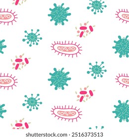 A pattern with blue and pink microbes, viruses and bacteria. Viruses of various shapes and quantities with streamlined shapes. Seamless texture on the theme of the disease on white. Medicine