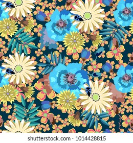 Pattern with blue poppies and daisies. For fabric, paper, Wallpaper, background. Unusual.