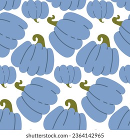 A pattern with blue pumpkins on a white background. Modern abstract seamless pumpkin pattern. Texture of autumn pumpkin, harvest, Thanksgiving, Halloween. festive bright background