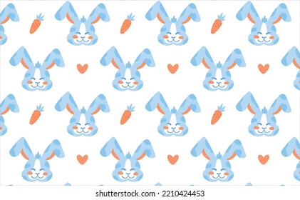 Pattern blue rabbit carrot heart. Children's cute illustration, pattern. The water Bunny is the symbol of 2023. Suitable for wallpaper, postcards, textiles, printing products, advertising, gift paper
