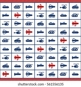 Pattern with blue red military machines flat outline icon for 23 February postcard. Russian tricolor background for gift card on 23 February or Victory day. Vector illustration background.