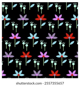 pattern with blue, red and purple flowers on black background