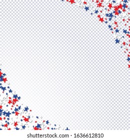 Pattern with blue, red, white stars of celebration USA Independence Day, Memorial Day. Holiday confetti in US flag colors for Independence Day on transparent background. Vector