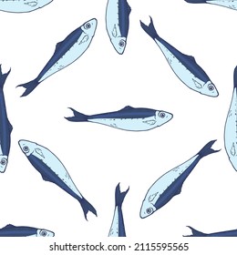 a pattern of blue sardines. Seamless drawing of a hand-drawn sketch of a small sardine fish, blue-gray with a blue outline, side view, randomly arranged seafood on white for a design template