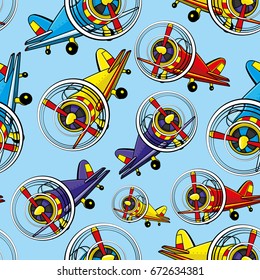 Pattern for blue seamless background with airplanes.