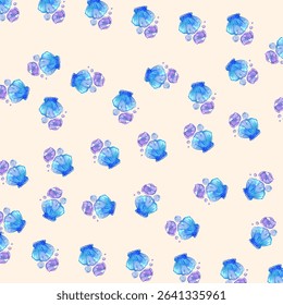 A pattern of blue seashells and purple crystals in watercolor style, evoking a soft and beautiful ocean vibe.