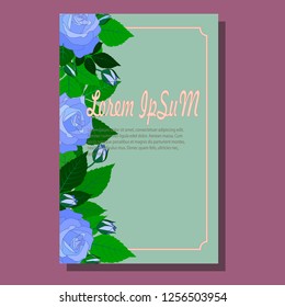 A pattern of blue shades, buds and green leaves, on a light greenish blue background. Option to design print or promotional products, greeting cards, invitations to a holiday, birthday, wedding.