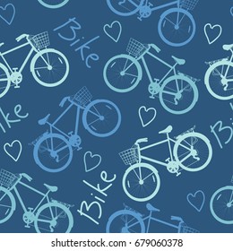 Pattern from blue silhouette bikes, lettering bike and heart on dark blue background. Vector illustration