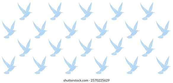 Pattern with blue silhouette of birds flight in the white background