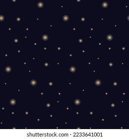 A pattern with a blue sky and flashing yellow lights. Little fireflies are flying across the sky. The starry sky. Suitable for printing on textiles and paper Gift wrapping, children's clothing.