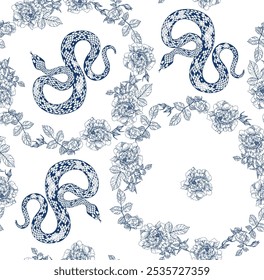 Pattern of blue snakes intertwined with floral designs, creating a nature-inspired artwork with serpentine forms and intricate details