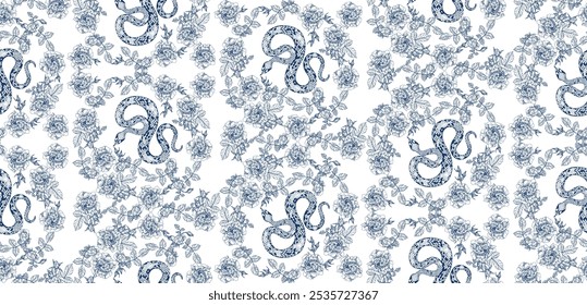 Pattern of blue snakes intertwined with floral designs, creating a nature-inspired artwork with serpentine forms and intricate details