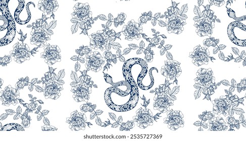 Pattern of blue snakes intertwined with floral designs, creating a nature-inspired artwork with serpentine forms and intricate details