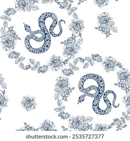 Pattern of blue snakes intertwined with floral designs, creating a nature-inspired artwork with serpentine forms and intricate details