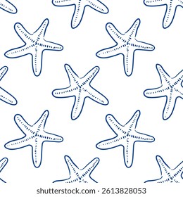 Pattern of blue starfish on a white background in a nautical design