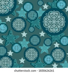Pattern blue stars and cirkles on the pine background