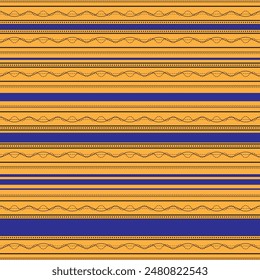 A pattern of blue stripes with black dots and lines over an orange background. Ethnic style. Seamless vector illustration