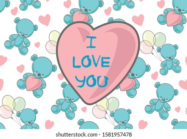 pattern of blue teddy bears and a heart with the inscription i love you