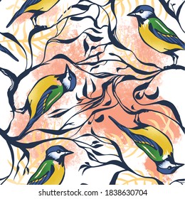 Un patrón de tetas azules rodeadas de ramas sobre un fondo de puesta de sol rosa