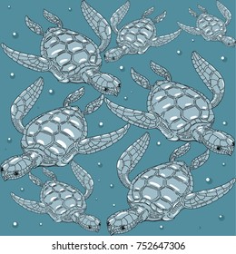 pattern in blue tones from stylized sea turtles