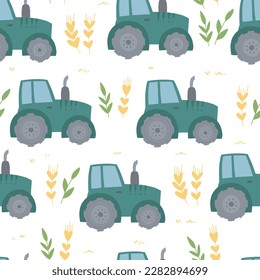 Pattern of blue tractors and wheat on a white background.