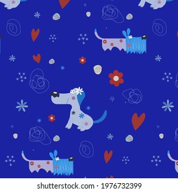 The pattern is blue . Vector . Cheerful dogs. Factory textiles for children's clothing . Jackets , kambenizones. Raincoats, umbrella .Postcards . Gift wrap . Surprise wrapping paper .