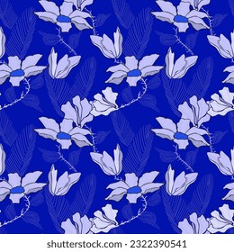 Pattern with blue and violet flowers on deep background. For printing on fabric or wallpaper.