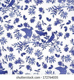 Pattern with blue watercolor birds. Seamless pattern for fabric, paper and other printing and web projects.