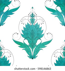 Pattern of blue watercolor eastern flowers. Hand drawing. Vector seamless background. Hand drawing. 