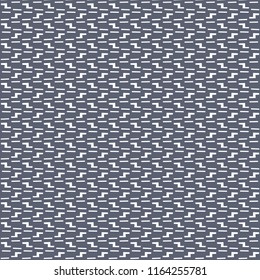 Pattern in blue and white with broken straight or zigzag lines. Decorative noisy background. Textile print. Vector illustration.