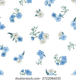 Pattern of blue and white flower hand draw with watercolor.  You can edit background from eps file