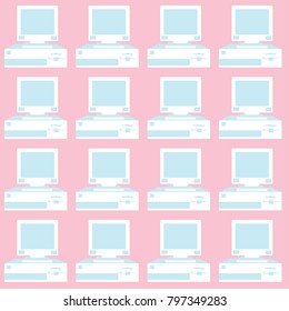 Pattern of blue and white, old, vintage, retro, hipster computers with convex monitors and floppy on a pink background. Vector illustration.